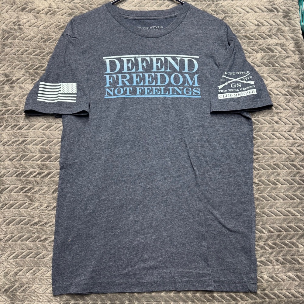 Grunt Style T-Shirt L Blue Excellent Defend Freedom Not Feelings Graphic (1644)